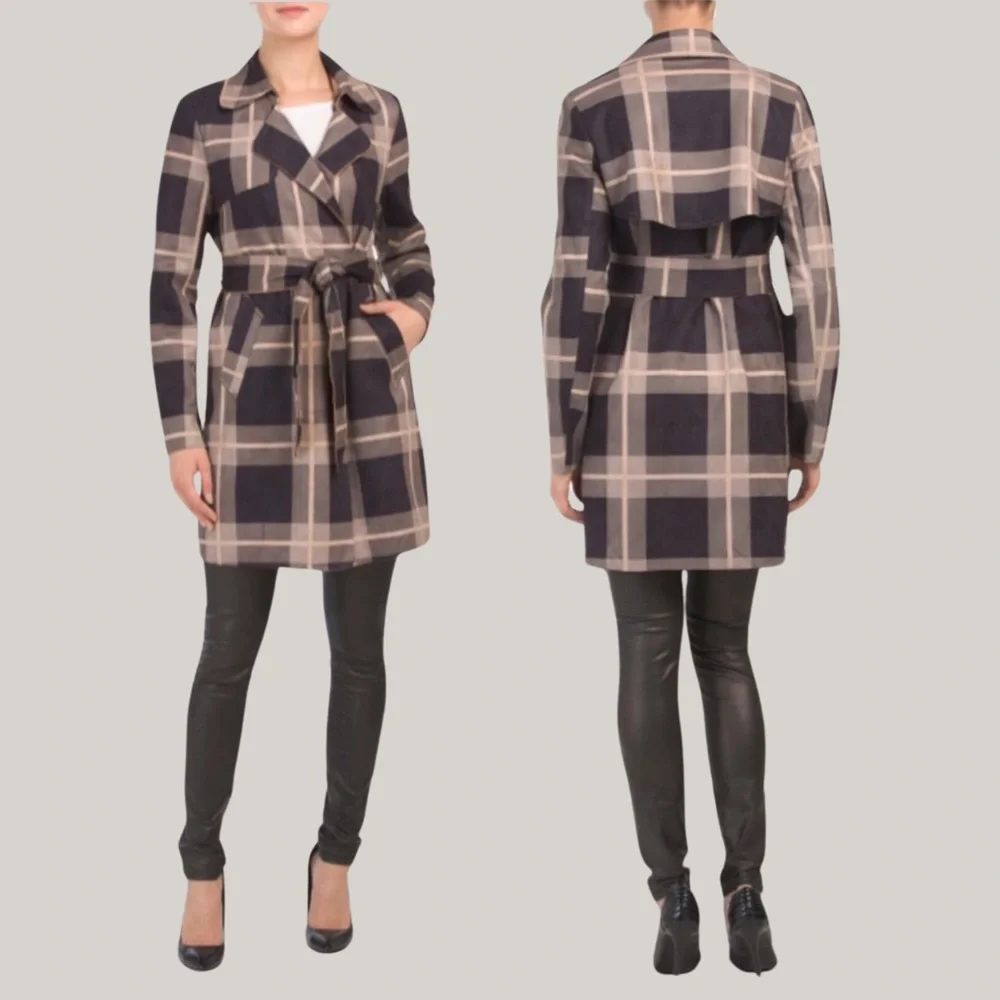 Solitaire | Belted Plaid Jacket | Brown | Faux Suede | Trench | NWT | Large - Picture 2 of 16